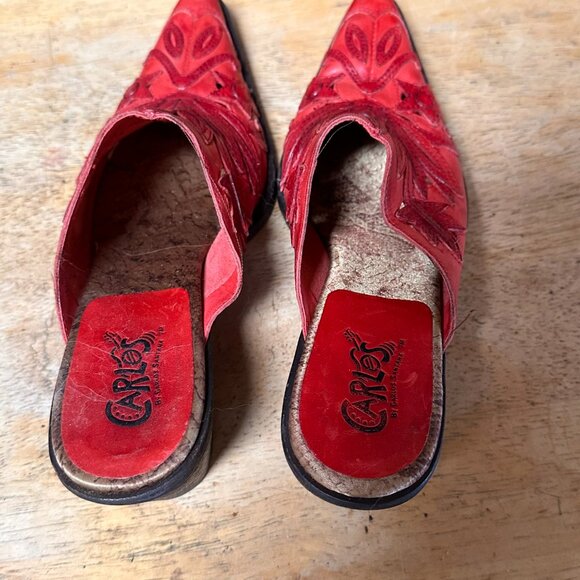 Carlos Red Cowboy Boots Size 6 Tanned Tooled Mule Clogs - Picture 8 of 9